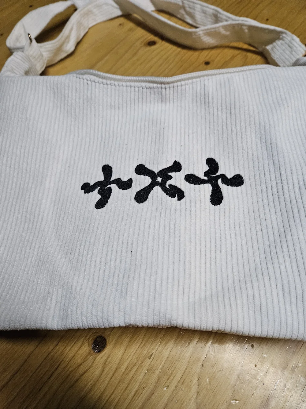 Cream Corduroy Shoulder Bag with Black Kpop Embroidered Motif